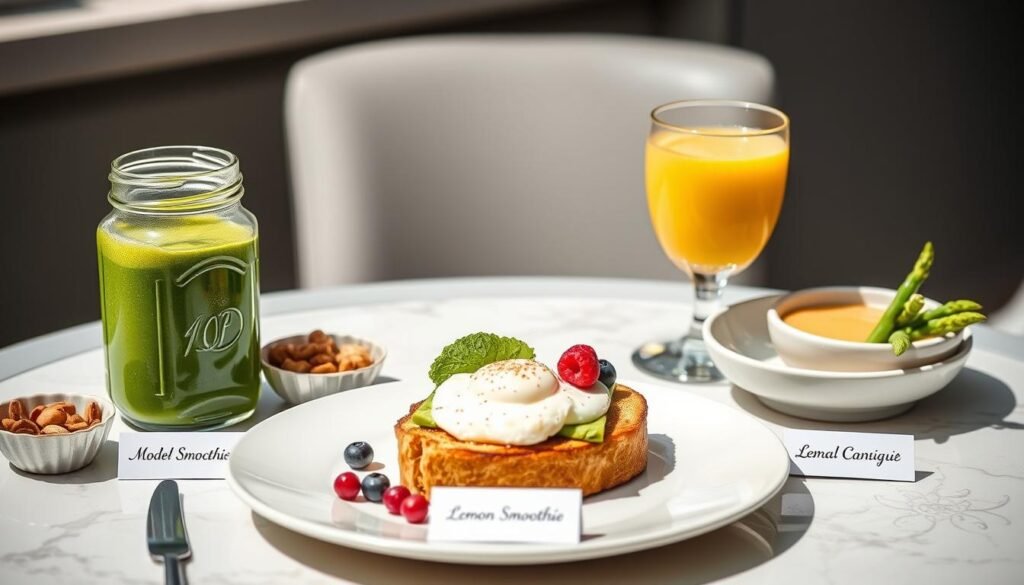 Drei verschiedene Supermodels Frühstück Optionen nebeneinander auf einem Tisch serviert Drei verschiedene Supermodels Frühstück Optionen nebeneinander auf einem Tisch serviert