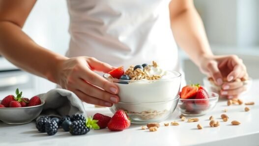 Eine Person bereitet ein gesundes Frühstück zum Abnehmen mit frischen Zutaten zu