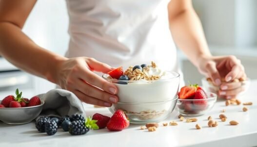 Eine Person bereitet ein gesundes Frühstück zum Abnehmen mit frischen Zutaten zu