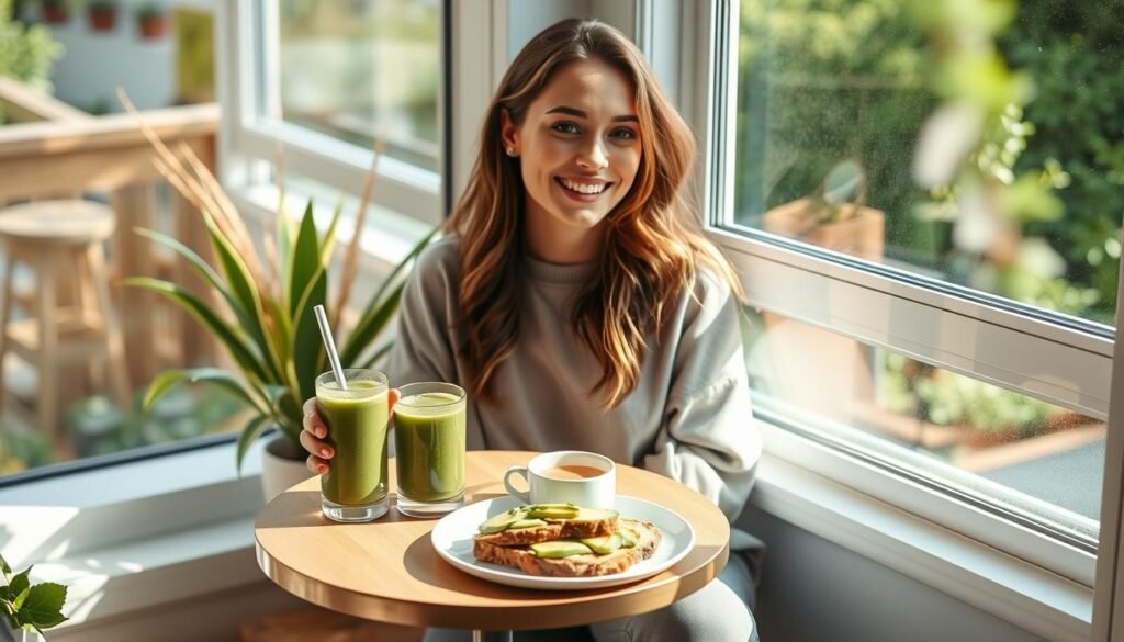 Frau genießt ein gesundes Supermodels Frühstück am Fenster Frau genießt ein gesundes Supermodels Frühstück am Fenster