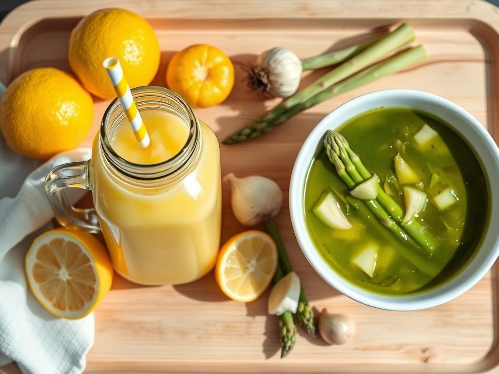 Nahaufnahme von Heidis Zitronen-Smoothie und Spargel-Knoblauch-Suppe als Supermodels Frühstück Nahaufnahme von Heidis Zitronen-Smoothie und Spargel-Knoblauch-Suppe als Supermodels Frühstück