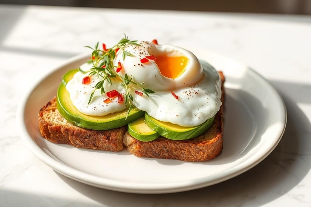 Nahaufnahme von Kendalls Avocado-Toast mit pochiertem Ei als Teil ihres Supermodels Frühstück