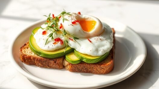 Nahaufnahme von Kendalls Avocado-Toast mit pochiertem Ei als Teil ihres Supermodels Frühstück